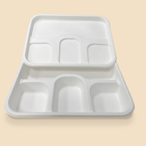 Bandeja desechable ecológica de bagazo de caña de azúcar , 4 compartimentos y tapa