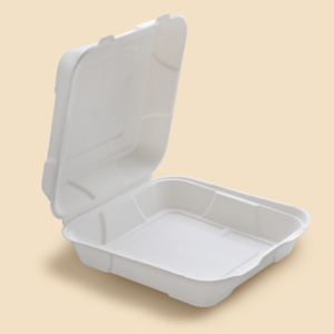 Caja hamburguesa ecológica y compostable de caña de azúcar. 20 x 20 cm con tapa de cierre hermético