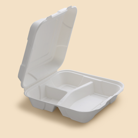 Caja menú ecológico y compostable de caña de azúcar. 20 x 20 cm con tapa concha de cierre hermético