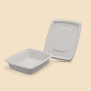 Contenedor alimentario ecológico y compostable de caña de azúcar. 500 ml de capacidad y tapa de cierre hermético